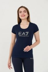 EA7 Granatowy t-shirt ze srebrnym logo. Niebieskie t-shirty damskie EA7 Emporio Armani, xs, bez wzorów, bez kołnierzyka. W wyprzedaży za 228.99 zł.