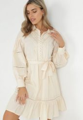 Beżowa Koszulowa Sukienka z Bufiastym Rękawem i Ażurowymi Wstawkami Staples. Brązowe sukienki damskie Born2be, w ażurowe wzory, vintage, bez ramiączek. W wyprzedaży za 203.99 zł.