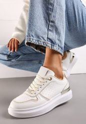 Beżowo-Białe Sneakersy na Platformie Ozdobione Brokatem i Metaliczną Wstawką Mexia. Brązowe obuwie sportowe damskie Renee, bez zapięcia. Za 74.99 zł.
