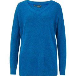 Sweter dzianinowy z dekoltem w serek Oversized Fit. Niebieskie swetry klasyczne damskie bonprix, z dzianiny, bez kołnierzyka. Za 84.99 zł.