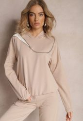 Beżowa Asymetryczna Bluza z Bawełny z Kapturem i Ozdobnym Suwakiem Lueur. Brązowe bluzy damskie Renee, bez wzorów, z bawełny, z kapturem. Za 79.99 zł.