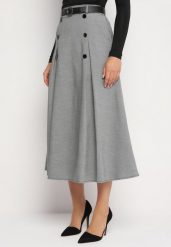 Szaro-Czarna Rozkloszowana Spódnica z Wysokim Stanem Gumką w Talii Ozdobiona Guzikami i Paskiem Verinia. Czarne spódnice damskie Born2be, na co dzień, l, bez wzorów, eleganckie, midi. Za 84.99 zł.