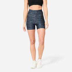Spodenki fitness cardio damskie Domyos 100. Szare spodenki sportowe damskie DOMYOS, l, bez wzorów, z materiału, z podwyższonym stanem, na fitness i siłownię. Za 39.99 zł.