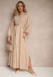 Beżowa Sukienka z Wiskozy Ozdobiona Haftami i Metaliczną Nicią Tervezia. Brązowe sukienki damskie Renee, bez wzorów, z wiskozy, eleganckie, bez ramiączek. W wyprzedaży za 119.99 zł.