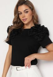 Czarny Bawełniany T-shirt Koszulka z Krótkim Rękawem Ozdobiona Aplikacją z Falbankami Aristine. Czarne bluzki damskie Born2be, l, z aplikacjami, z bawełny, bez kołnierzyka. Za 84.99 zł.
