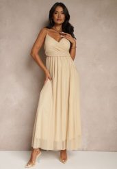 Beżowa Sukienka Koktajlowa Ozdobiona Tiulowym Materiałem Deviora. Brązowe sukienki damskie Renee, bez wzorów, z tiulu, eleganckie, bez ramiączek. W wyprzedaży za 83.99 zł.