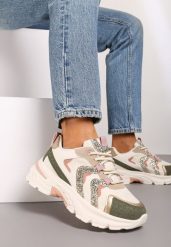 Beżowo-Zielone Sneakersy na Grubej Podeszwie z Brokatowymi Wstawkami Sairiel. Brązowe obuwie sportowe damskie Born2be, na lato, z bawełny, bez zapięcia. Za 109.99 zł.