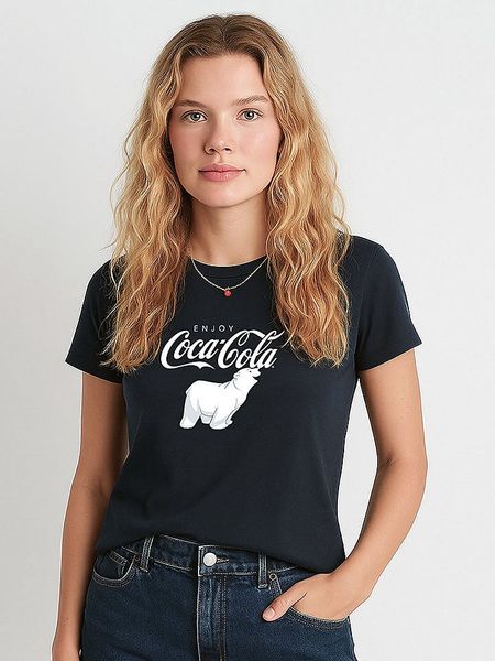 WOOOP Koszulka "Enjoy Coca Cola" w kolorze granatowym rozmiar: XL. Niebieskie bluzki damskie Wooop, xl, bez wzorów, bez kołnierzyka, bez ramiączek. Za 52.42 zł.