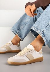 Beżowe Sneakersy Tenisówki w Kultowym Stylu Neolithaen. Brązowe obuwie sportowe damskie Renee, z jeansu, bez zapięcia, tenisowe. Za 74.99 zł.
