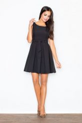Czarna Elegancka Sukienka z Modnymi Plisami +Pasek. Czarne sukienki damskie Figl, bez wzorów, z materiału, eleganckie, bez ramiączek. Za 249.00 zł.