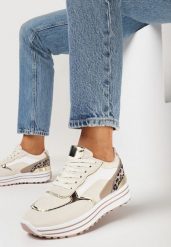 Beżowe Sneakersy na Platformie z Metalicznymi Wstawkami Stovia. Brązowe obuwie sportowe damskie Born2be, bez zapięcia. Za 89.99 zł.