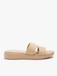 Piaskowe klapki H na grubszym spodzie. Brązowe klapki damskie Ryłko, bez wzorów, ze skóry, bez obcasa, na płaskiej podeszwie, bez zapięcia. Za 249.99 zł.