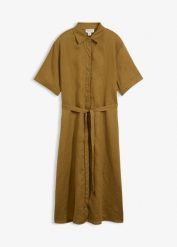 Sukienka koszulowa z czystego lnu. Zielone sukienki damskie bonprix, bez wzorów, bez ramiączek. Za 169.99 zł.