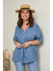 Curvy Lady Lniana bluzka w kolorze niebieskim rozmiar: 40/42. Niebieskie bluzki damskie Curvy Lady, bez wzorów, ze lnu, klasyczne, bez kołnierzyka, bez ramiączek. Za 153.71 zł.