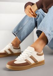 Beżowo-Białe Sneakersy w Stylu Klasycznych Tenisówek Zdobione Przeszyciami Ivelfia. Brązowe obuwie sportowe damskie Renee, z jeansu, bez zapięcia, tenisowe. Za 79.99 zł.