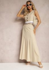Beżowa Spódnica Długa Rozkloszowana High Waist Leoraia. Brązowe spódnice damskie Renee, do pracy, m, bez wzorów, biznesowe, maxi. Za 109.99 zł.