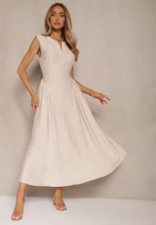 Beżowa Rozkloszowana Sukienka z Wiskozy Lirune. Brązowe sukienki damskie Renee, bez wzorów, z wiskozy, eleganckie, bez ramiączek. W wyprzedaży za 107.99 zł.