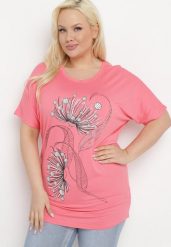 Różowy T-shirt z Ozdobnym Nadrukiem i Cyrkoniami Colilena. Czerwone t-shirty damskie Born2be, uniwersalny, bez wzorów, bez kołnierzyka. Za 39.99 zł.