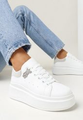 Biało-Szare Wiązane Sneakersy na Grubej Platformie z Cholewką przed Kostkę Auture. Białe obuwie sportowe damskie Born2be, przed kostkę, bez zapięcia. Za 84.99 zł.