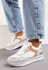 Biało-Szare Sneakersy na Grubej Podeszwie z Metaliczną Wstawką Davenna. Białe obuwie sportowe damskie Born2be, bez zapięcia. Za 49.99 zł.