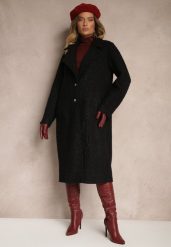Czarny Płaszcz Jednorzędowy o Długim Kroju z Materiału Boucle Deorina. Czarne płaszcze damskie Renee, l, bez wzorów, bez kaptura. Za 159.99 zł.