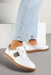 Biało-Złote Skórzane Sneakersy Klasyczne Tenisówki z Metalicznym Zdobieniem Marins. Białe obuwie sportowe damskie Born2be, z jeansu, bez zapięcia, tenisowe. Za 159.99 zł.