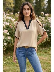 SOULSHAE Bluzka w kolorze beżowym rozmiar: XXL/3XL. Brązowe bluzki damskie SOULSHAE, xl, bez wzorów, bez kołnierzyka, bez ramiączek. Za 95.95 zł.