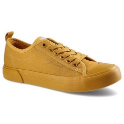 Musztardowe Trampki Cross Jeans Damskie Modne Buty. Żółte trampki damskie Cross Jeans, bez wzorów, z jeansu, bez zapięcia. Za 99.99 zł.