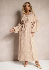 Beżowa Sukienka z Wiskozy Oversize Ozdobiona Haftem Venalari. Brązowe sukienki damskie Renee, bez wzorów, z wiskozy, eleganckie, bez ramiączek. W wyprzedaży za 111.99 zł.