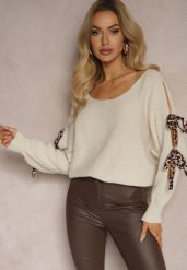 Beżowy Nietoperzowy Sweter z Moherem Ozdobiony Wiązaniami w Panterkowy Print Semitha. Brązowe swetry klasyczne damskie Renee, z jeansu, bez kołnierzyka. Za 59.99 zł.