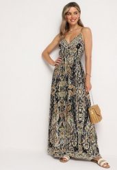 Czarno-Beżowa Wiskozowa Sukienka w Stylu Boho na Regulowanych Ramiączkach z Dekoltem w Serek Xalflea. Czarne sukienki damskie Born2be, bez wzorów, z jeansu, boho, bez ramiączek. Za 79.99 zł.