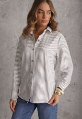 Biała Koszula z Bawełną w Prążki ze Zdobionymi Guzikami Mirasea. Białe koszule damskie Renee, m, z aplikacjami, z bawełny, eleganckie, bez kołnierzyka, bez ramiączek. Za 69.99 zł.