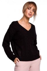 Lekki sweter damski ażurowy z dekoltem V splot w warkocz czarny. Czarne swetry klasyczne damskie Polskie swetry, l, z dzianiny, bez kołnierzyka. Za 245.00 zł.