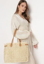 Jasnobeżowa Duża Torebka Tote Plażowa z Plecionki w Stylu Boho Delmirra. Brązowe torebki klasyczne damskie Born2be, z materiału, duże, bez dodatków. Za 109.99 zł.