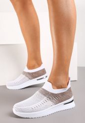 Biało-Beżowe Buty Sportowe z Nadrukiem Obmre i Skarpetkową Cholewką Erinevia. Białe obuwie sportowe casual damskie Renee, na fitness i siłownię. Za 39.99 zł.