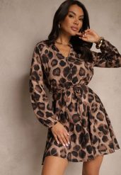 Beżowa Sukienka w Panterkowy Print o Rozkloszowanym Kroju z Wiązaniem w Talii Ameriana. Brązowe sukienki damskie Renee, bez wzorów, eleganckie, bez ramiączek. W wyprzedaży za 99.99 zł.