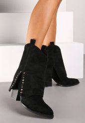 Czarne Botki na Stożkowym Obcasie z Wywiniętą Cholewką i Cyrkoniami Movene. Czarne botki damskie Renee, eleganckie, bez obcasa, na obcasie, bez zapięcia. Za 159.99 zł.