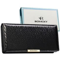 Duży portfel damski ze skóry ekologicznej w czarnym kolorze zamykany na zatrzask - Rovicky. Czarne portfele damskie ROVICKY, bez wzorów, ze skóry ekologicznej. Za 79.99 zł.