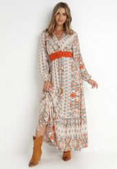 Jasnobeżowa Sukienka Rozkloszowana z Paskiem Nazene. Brązowe sukienki damskie Born2be, bez wzorów, z materiału, boho, bez ramiączek. W wyprzedaży za 127.49 zł.