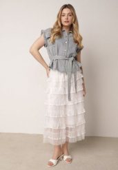 Jasnoniebieski Komplet z Bawełny i Wiskozy Spódnica z Falbanami i Koszula Bez Rękawów Callirane. Niebieskie koszule damskie Born2be, m, bez wzorów, z bawełny, eleganckie, bez kołnierzyka, bez ramiączek. Za 309.99 zł.