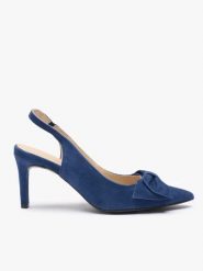 Granatowe czółenka bez pięty slingback z kokardą. Niebieskie czółenka damskie Ryłko, bez wzorów, z gumy, bez obcasa, na obcasie. Za 399.99 zł.