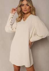 Jasnobeżowa Pudełkowa Sukienka z Rozkloszowanym Dołem i Bufiastymi Rękawami Kaimana. Brązowe sukienki damskie Renee, bez wzorów, eleganckie, bez ramiączek. W wyprzedaży za 63.99 zł.