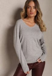 Szary Casualowy Sweter z Wiskozą Bawełną i Trójkątnym Dekoltem Miaressa. Szare swetry klasyczne damskie Renee, l, z bawełny, bez kołnierzyka, plus size. Za 49.99 zł.