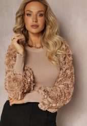 Beżowy Dopasowany Sweter z Bufiastymi Zdobionymi Rękawami Theoris. Brązowe swetry klasyczne damskie Renee, s, z wiskozy, bez kołnierzyka. Za 119.99 zł.