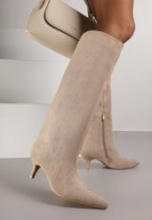 Ciemnobeżowe Kozaki na Kaczuszce z Elegancką Cholewką do Kolana Tesema. Brązowe kozaki damskie Renee, z jeansu, bez obcasa, na obcasie, bez zapięcia. Za 169.99 zł.