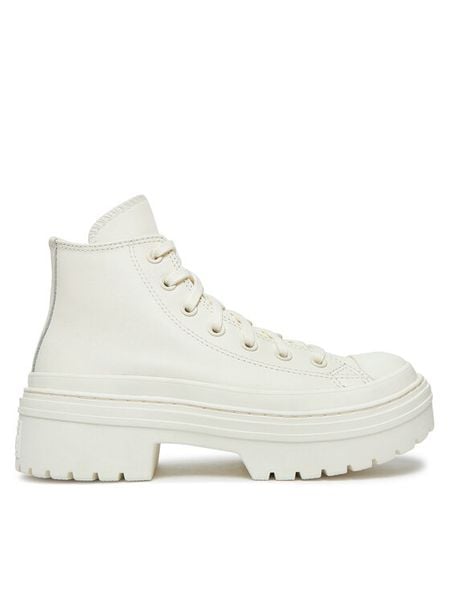 Converse Trzewiki Chuck Taylor All Star Lugged Heel Leather Platform A10370C Biały. Białe botki damskie Converse, ze skóry, retro, bez obcasa, na płaskiej podeszwie, bez zapięcia. Za 299.99 zł.