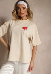 Beżowy T-shirt z Bawełny Ozdobiony Sercem Ranira. Brązowe t-shirty damskie Renee, z aplikacjami, z bawełny, bez kołnierzyka. Za 54.99 zł.