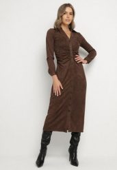 Brązowa Koszulowa Sukienka z Imitacji Zamszu z Marszczeniem w Talii Eselea. Brązowe sukienki damskie Born2be, bez wzorów, eleganckie, bez ramiączek. Za 189.99 zł.