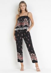 Czarno-Brązowy Kombinezon Magnanimous. Czarne sukienki damskie Born2be, w ażurowe wzory, ze skóry, boho, bez ramiączek. Za 79.99 zł.