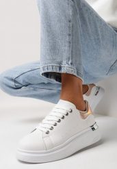 Biało-Szampańskie Sneakersy na Grubej Podeszwie z Metaliczną Wstawką Ranti. Białe obuwie sportowe damskie Born2be, bez zapięcia. Za 79.99 zł.
